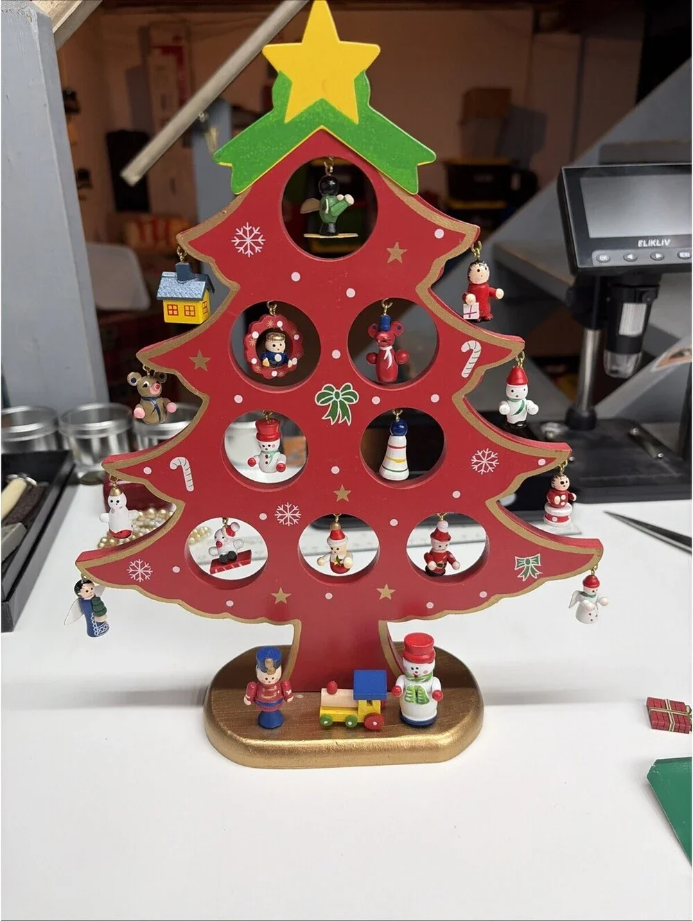 Vintage Wooden Christmas Tree On Stand W/ 16 Ornaments 12.5” X 9.5” Hand Painted